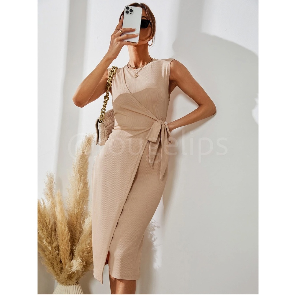 Beige Bodycon Dress Tie Overlapping Side Midi Sleeveless Leg Slit - Picture 6 of 10